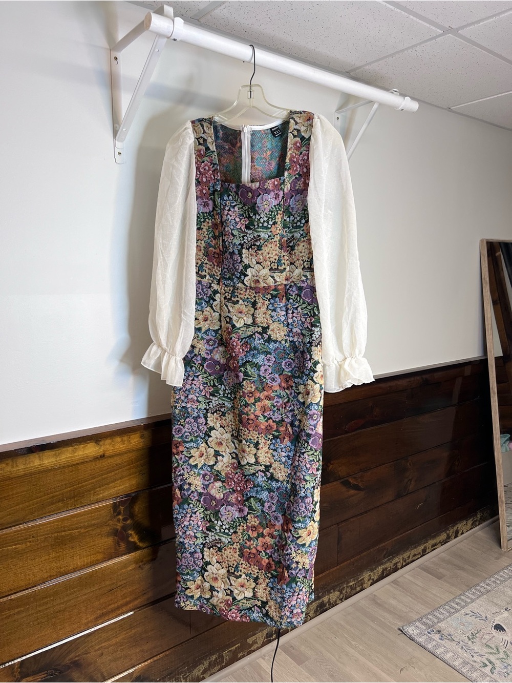 Floral Tapestry Autumn Square-Neck Midi Dress with Puff Sleeves - M